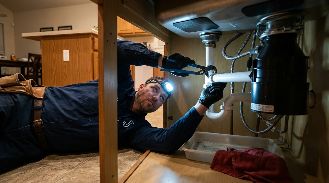 P-trap and supply line connections under a kitchen sink showing a common leak point in Minden, NV